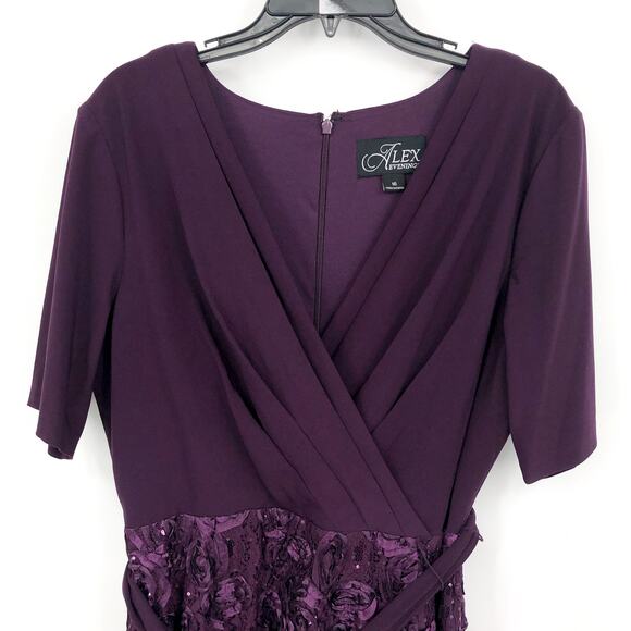 ALEX EVENINGS Floral Rosette Midi Dress Size 16 Purple Eggplant V-Neck NWOT - Picture 4 of 9